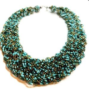 Turquoise Gold Glass Braided Statement Necklace